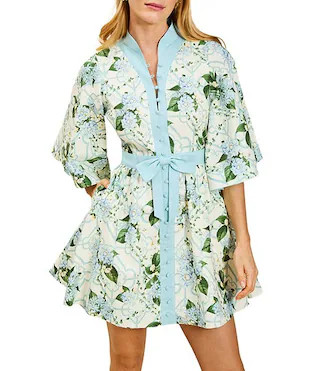 Carmen Linen Blend Quatrefoil Garden Print Mandarin Collar 3/4 Butterfly Sleeve Mini Dress | Dillard's