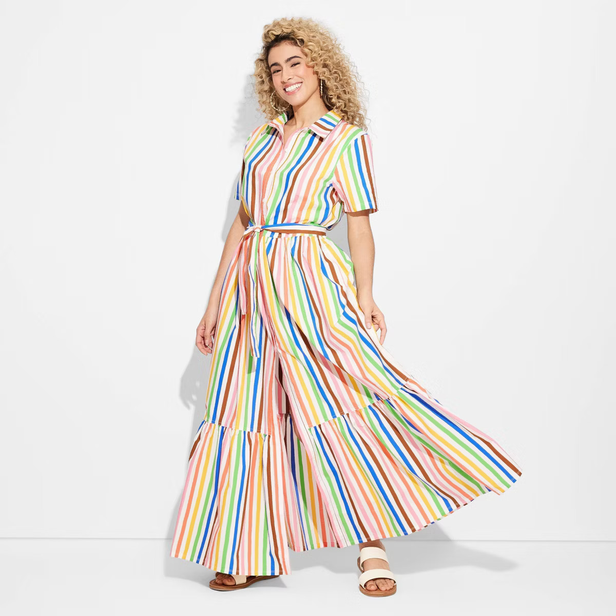Pride Adult Short Sleeve Button-Front Tie Waist Maxi Shirtdress - Rainbow Striped | Target