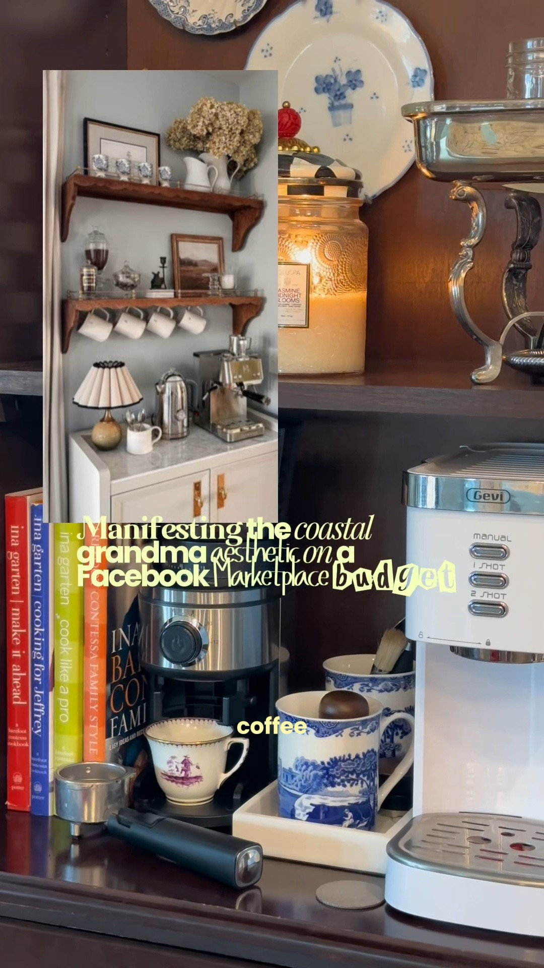 Alexa, play some soft jazz and let’s pretend we’re making an iced latte in a Hamptons kitchen. ☕️✨ I am completely in love with how this cozy coffee bar corner came together. The rich warmth of the cherry wood cabinet grounds everything so beautifully, and you know I had to layer in my favorite things: classic MacKenzie-Childs canisters, a stack of Ina Garten cookbooks (because WWID?), and a few vintage blue and white plates for that perfect, collected-over-time feel.
It’s cozy, a little bit traditional, and makes the morning routine feel like a scene from a movie.
Everything—from the exact pieces to some beautiful lookalikes—is linked for you!

#NancyMeyers #NancyMeyersAesthetic #CoastalGrandmother #ClassicStyle #EffortlessStyle

#LTKmomlife #LTKdayinmylife #LTKHome