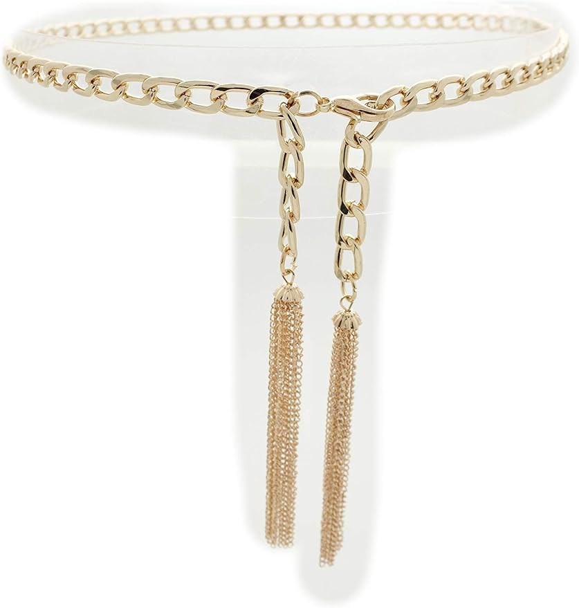 TFJ Women Skinny Belt Hip High Waist Gold Metal Chains Fringes Tassel Buckle Size M L XL | Amazon (US)