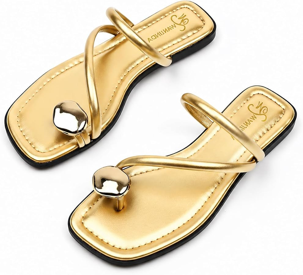 Women'S Leather Strappy Flat Metal Toe Ring Sandals Fashionable Square Open Toe Low Block Heel Sl... | Amazon (US)