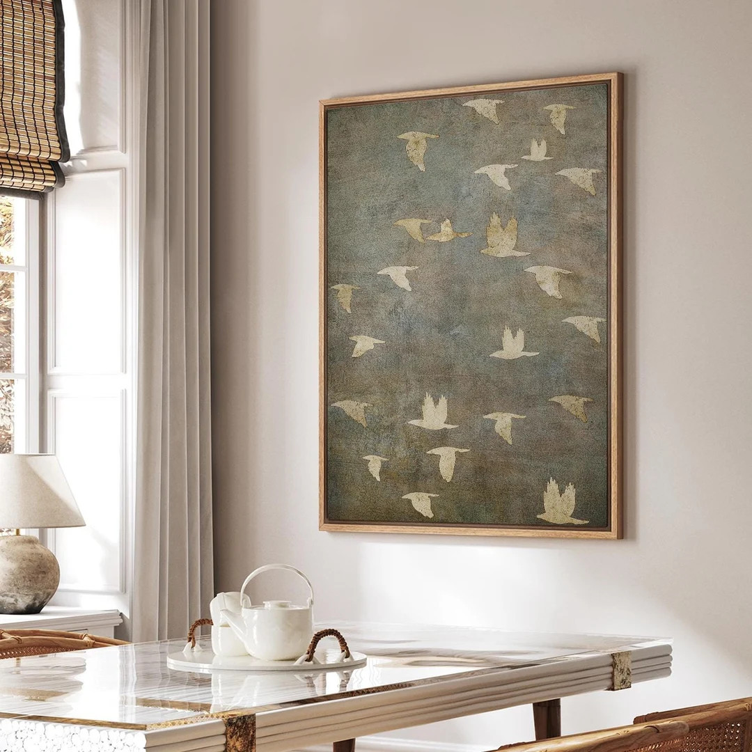 Framed Canvas Wall Art Prints Abstract Flying Flock of Birds in Neutral Tones Rustic Nature Wall ... | Etsy (US)