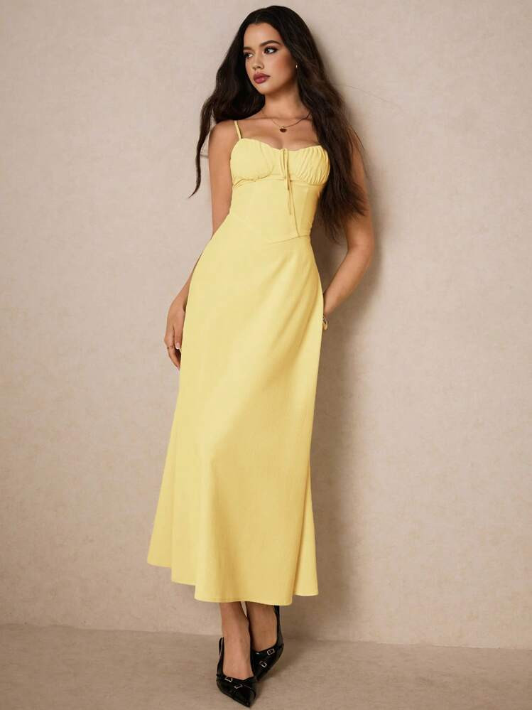 Poéselle Women Solid Color Draped Bust Casual Dress With Spaghetti Straps,Butter Yellow Dress | SHEIN