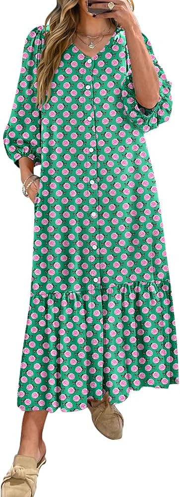 ANRABESS Boho Maxi Dresses for Women Summer Puff Sleeve V Neck Flowy Long Casual Dress with Pocke... | Amazon (US)