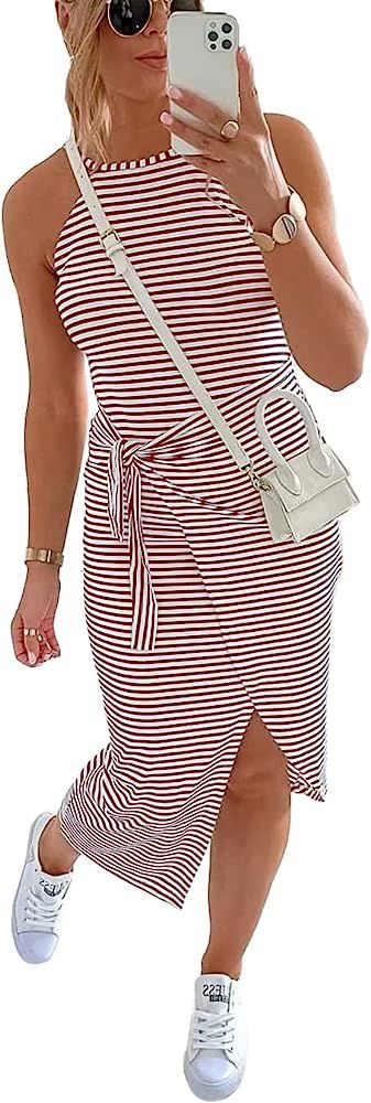 NOLLSOM Women Casual Sleeveless Striped Tank Midi Dresses Halter Neck Ruched Bodycon DressesTie Wais | Amazon (US)