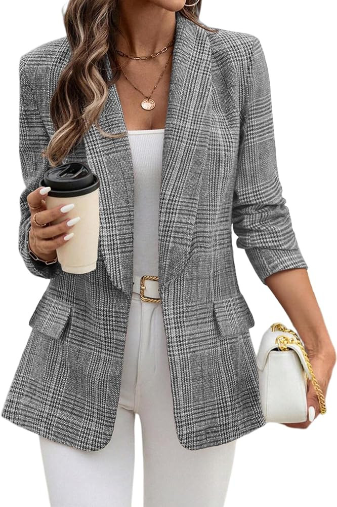 ELLEVEN Women's Shawl Collar Plaid Boyfriend Blazer，Business Casual Open Front Houndstooth Work... | Amazon (US)