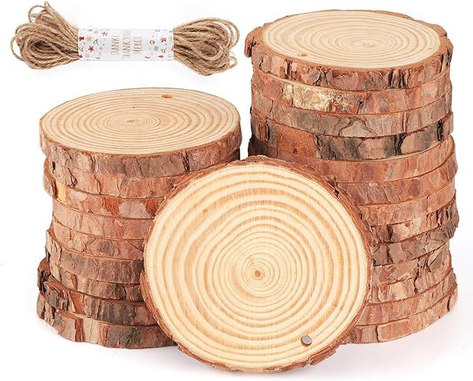 CMIOUEO Natural Wood Slices 30Pcs 3.1''-3.5'' Unfinished Wood kit with Pre-drilled Hole, Wood Sli... | Amazon (US)