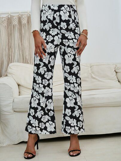 Allover Floral Print Flare Leg Pants | SHEIN