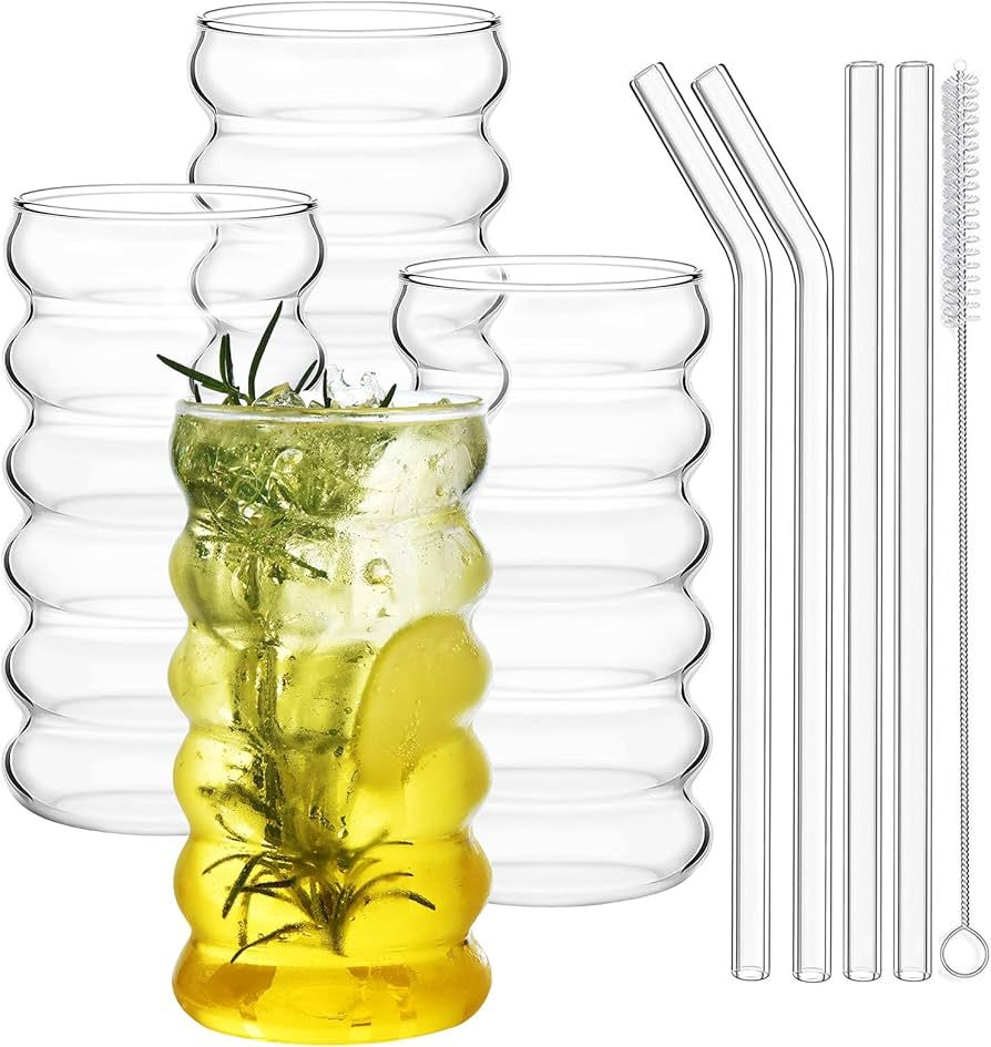ALINK Ribbed Drinking Glass Cups with Straws Set of 4, 16 oz Aesthetic Iced Coffee Glasses, Wave ... | Amazon (US)