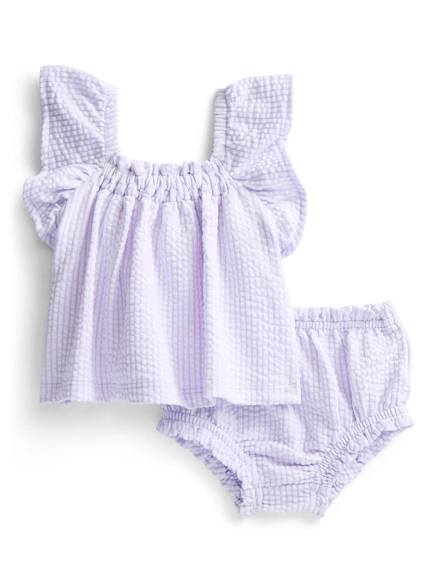 Wonder Nation Baby Girls Seersucker Romper & Bloomers with Flutter-Sleeve, 2-Piece Set, Sizes 0\u... | Walmart (US)