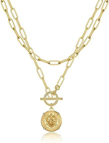 Gold Layered Necklaces for Women, 14K Gold Plated Vintage Evil Eye Queen Elizabeth Bee Sun and Mo... | Amazon (US)