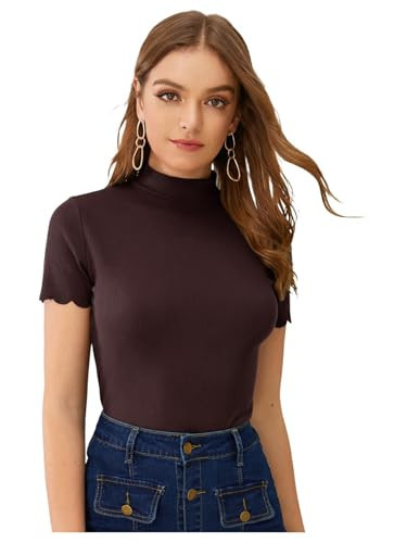 SweatyRocks Women's Mock Neck Ribbed Knit Scallop Short Sleeve T Shirt Tops Coffee Brown Small | Amazon (US)