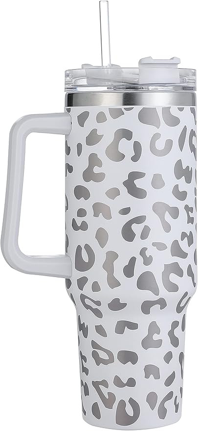 QEAGVJ 40oz Leopard Print Tumbler with Handle, Insulated Stainless Steel white leopard Coffee Mug... | Amazon (US)