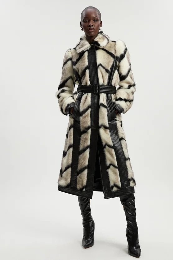 Panelled Stripe Faux Fur Pu Belted Long Coat | Karen Millen US