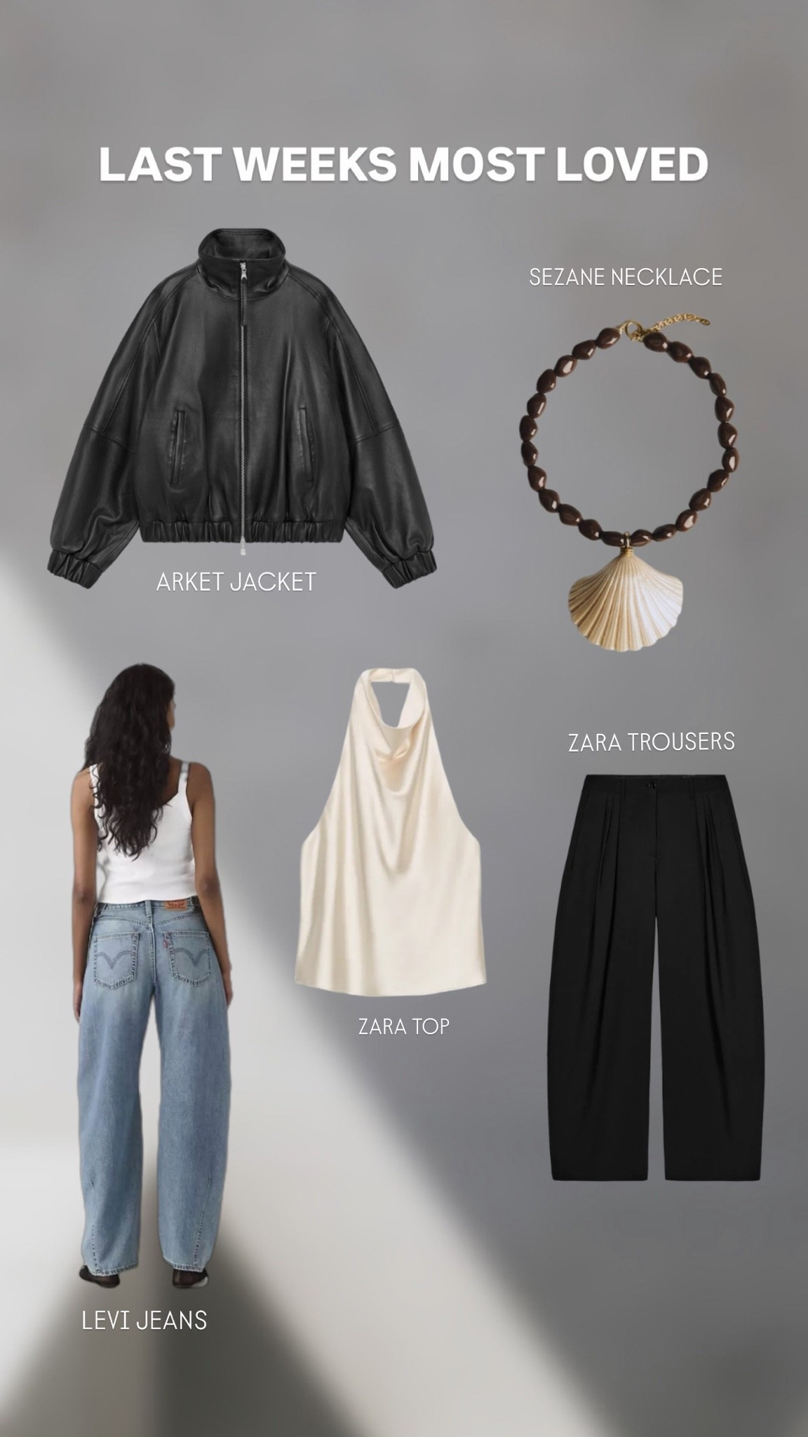 Top 5 favourites from last week 🖤

Arket funnel neck leather jacket
Sezane shell necklace
Levi’s cinch barrel jeans
Zara satin halter top
Zara barrel trousers

#LTKuk #LTKsummer
