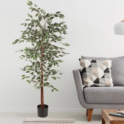 Nature Spring 5 ft Ficus Artificial Tree - Fake Plant with Variegated Leaves and Natural Trunk - Topiary Decor for Indoor or Outdoor | Target