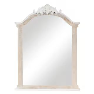 Litton Lane 37 in. x 28 in. Arched Scroll Arched Frameless Cream Wall Mirror with Brown Distressi... | The Home Depot