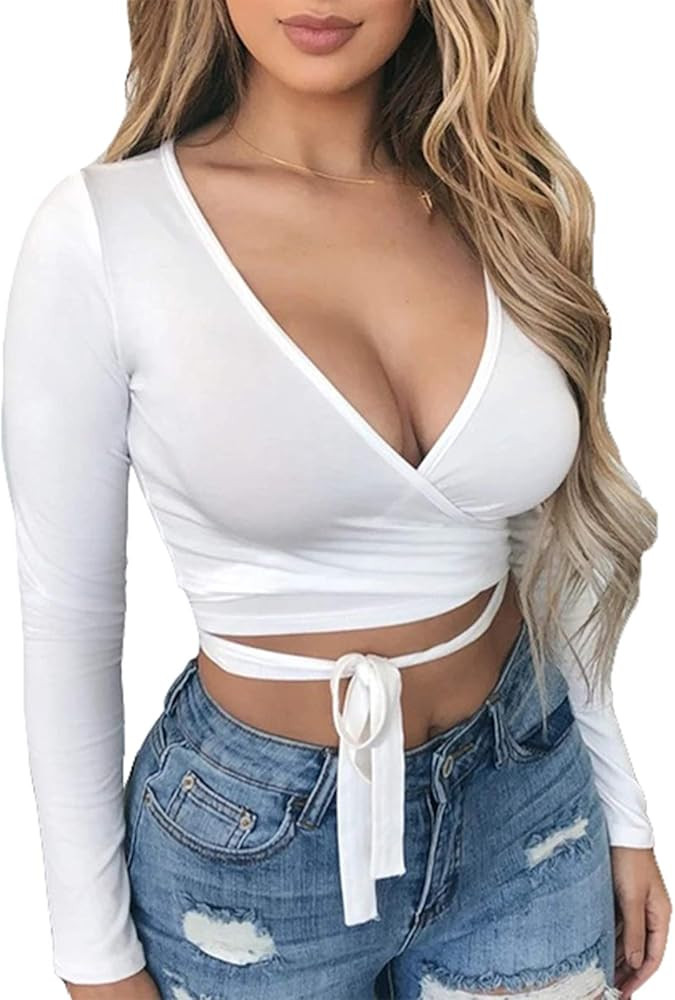 Artfish Women Sexy Deep V Neck Crop Top Bandage Wrap Tie Tight Cropped Fitted Cleavage Shirts | Amazon (US)