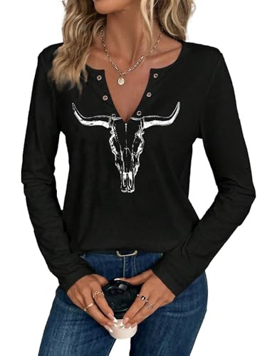 SODSHY Women's Cow Skull Shirt Cowboy Country Concert Outfits Cute Western Graphic Tees Casual Summer Notched Neck Long Sleeve Tops (Black,M) | Amazon (US)