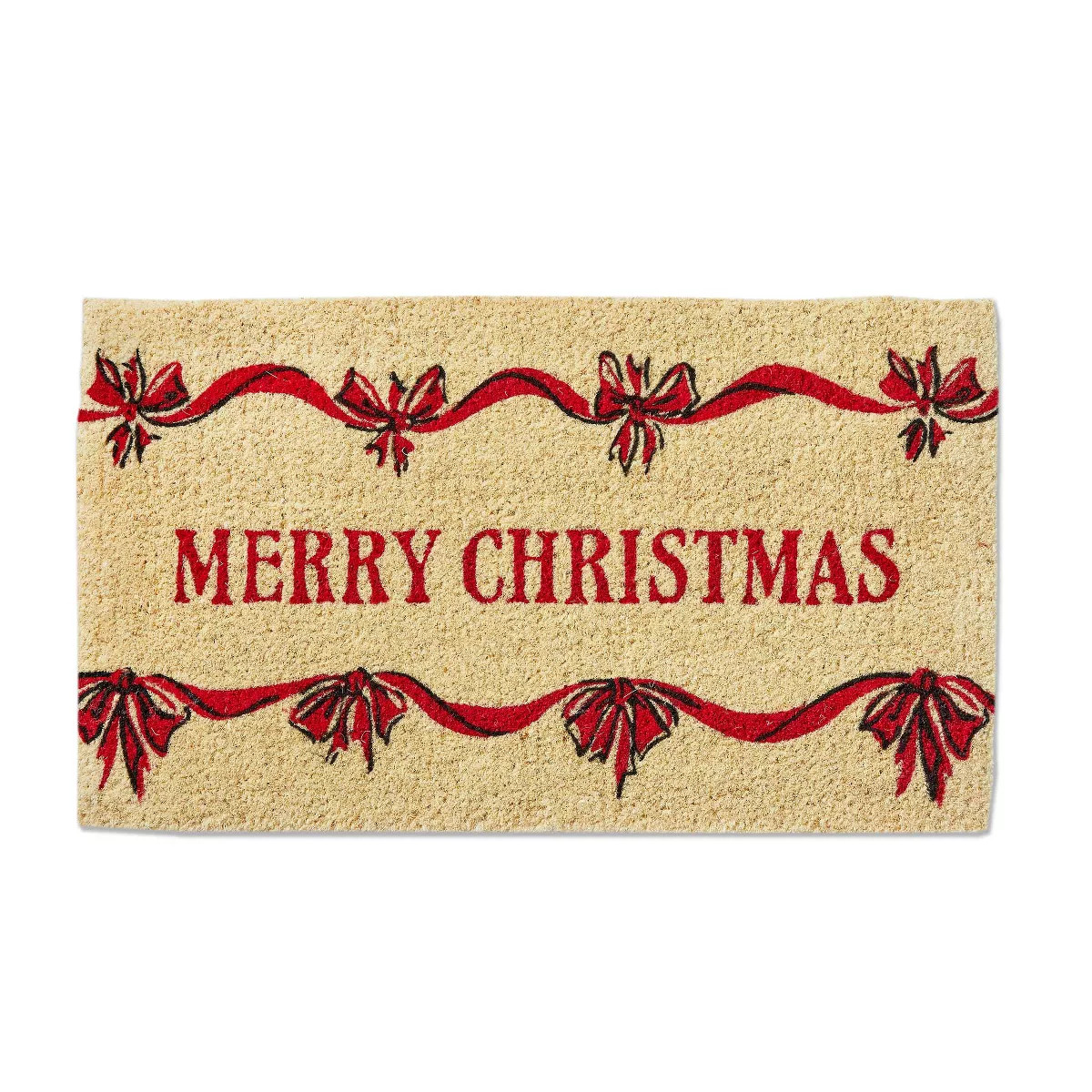 tag Merry Christmas Bows Coir Door Mat - Natural Coir Doormat in Red, 30" x 17" x 1" - Easy to Cl... | Target