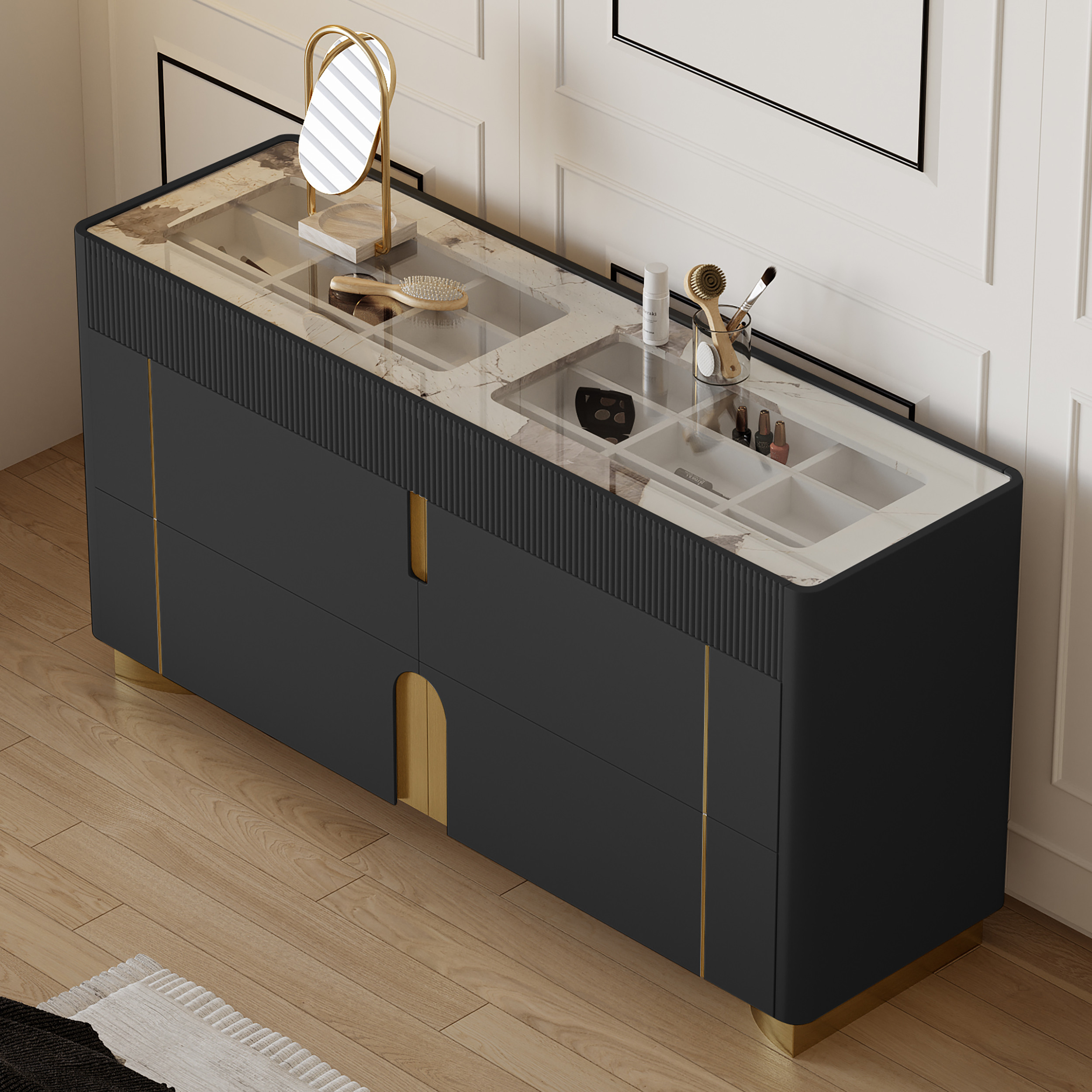 Artus 59""W 6 Drawer Dresser Glass Top Closet Island with Jewelry Display Storage | Homary