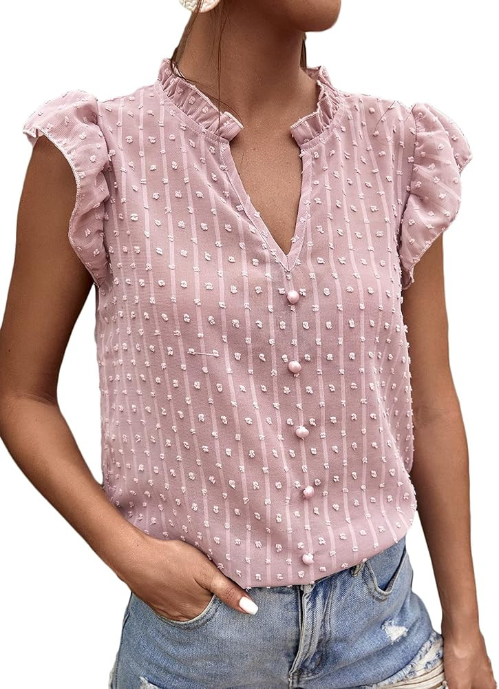 Milumia Women's Swiss Dots Button Front Chiffon Blouse Notched Neck Ruffle Cap Sleeve Top | Amazon (US)