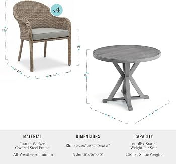 Martha Stewart Bedford 5-Piece Patio Set, 36" Round Gray Brushed Woodgrain Aluminum Trestle Base ... | Amazon (US)