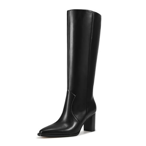 ISNOM Black Boots for Women - Knee High Boots Women - Pointed Toe Chunky Heel, Side Zip Tall Boots for Fall Winter, Fashion Boots in PU Leather, Size 9.5 | Amazon (US)