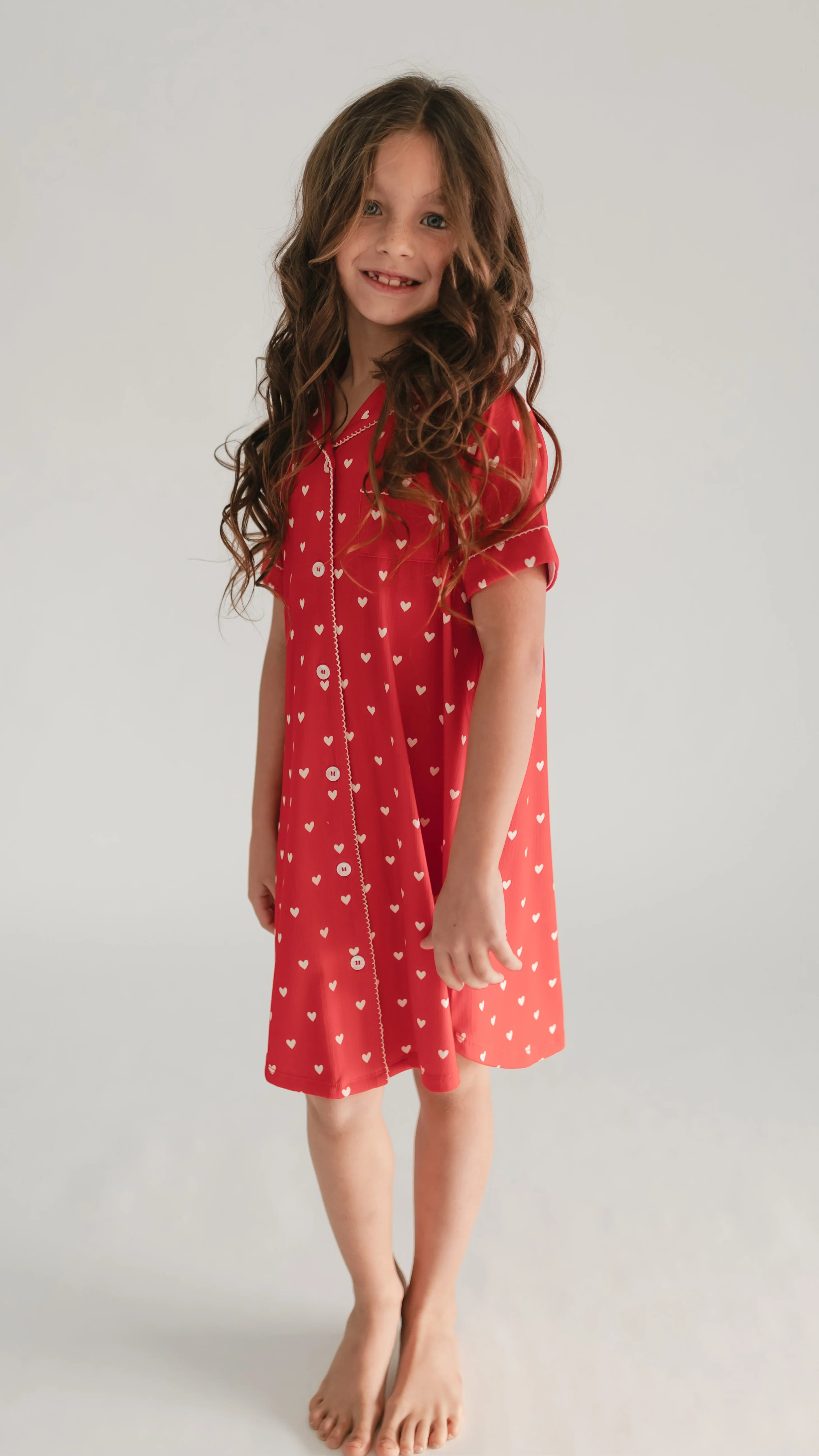 Girl's Button Down Ribbed Dress in Valentine Hearts | Silks Design