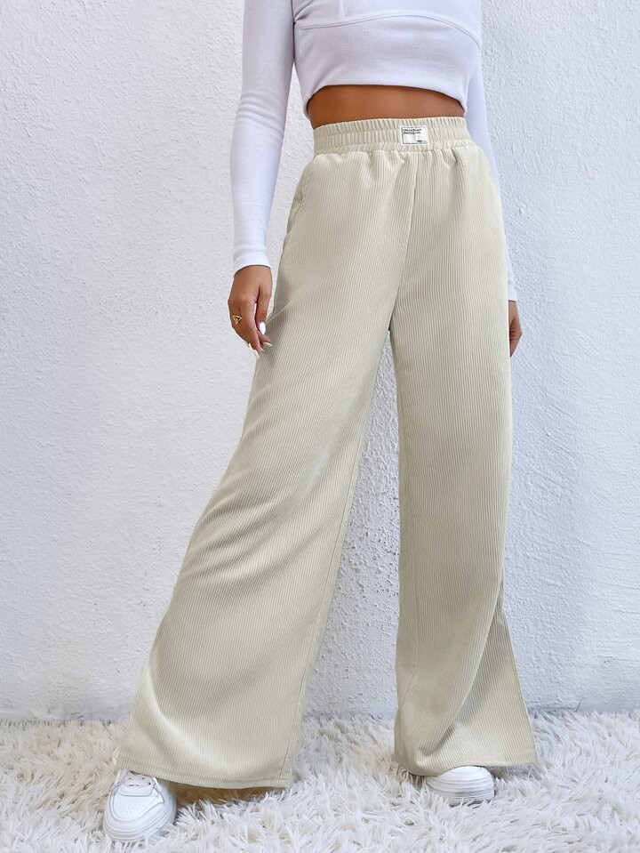 SHEIN EZwear Letter Patched Slit Hem Corduroy Pants | SHEIN