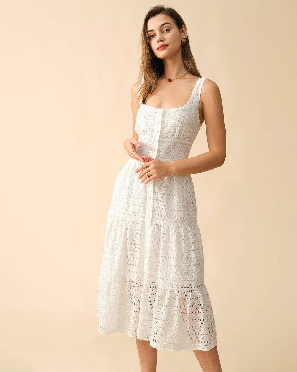 The Square Neck Tiered Hem Midi Dress | rihoas.com