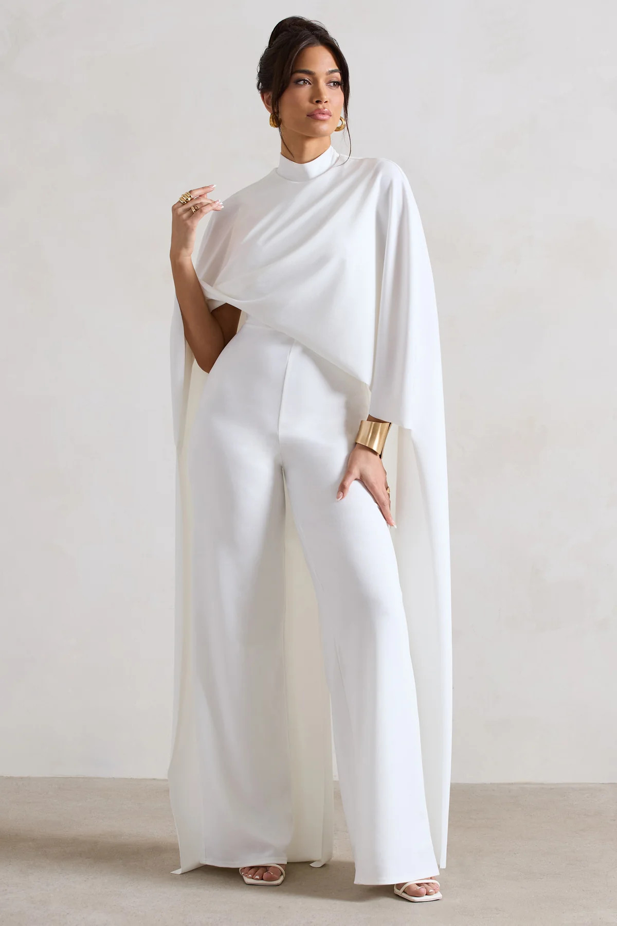 Indra | White High-Neck Wide-Leg Cape Jumpsuit | Club L London