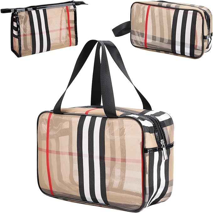 GOLIKEE 3Pcs Makeup Bags Stripes Cosmetic Bag Set Portable Transparent Waterproof Travel Organize... | Amazon (US)