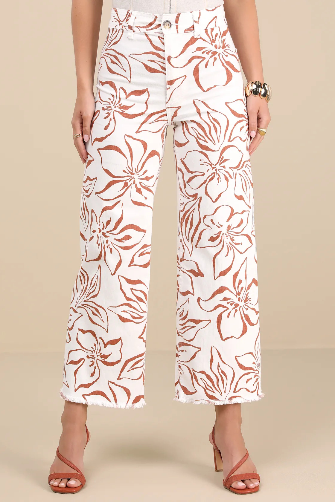 Free Fall Ivory Floral Twill High-Rise Wide-Leg Pants | Lulus