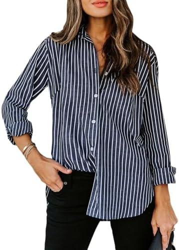 siliteelon Womens Button Down Shirts Cotton Striped Dress Shirt Long Sleeve Collared Office Work ... | Amazon (US)