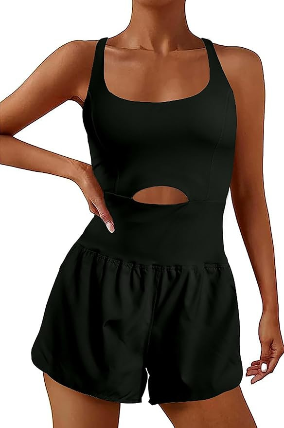 YOAKUKA Womens Workout Rompers Running Outfits Padded Bra Tennis Exercise Jumpsuits Gym Clothes | Amazon (US)