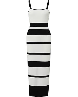 Women's Spaghetti Strap Color Block Striped Ribbed Knit Bodycon Sexy Club Midi Dress | Amazon (US)