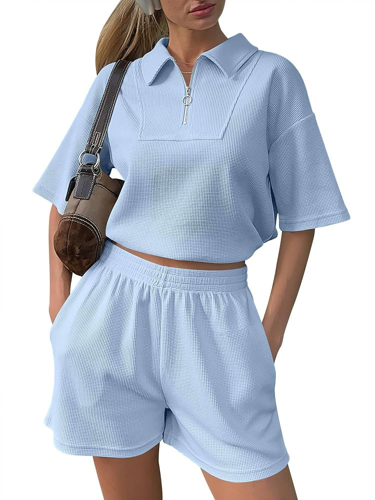 ANRABESS Women's 2 Piece Outfits Half Zip Lapel Collar Short Sleeve Drawstring Crop Tops Short Pa... | Amazon (US)