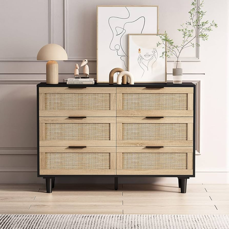Angel Sar 43" Rattan 6 Drawers Dresser, Wide Wood Dresser for Bedroom, Chest of Drawers with Stor... | Amazon (US)