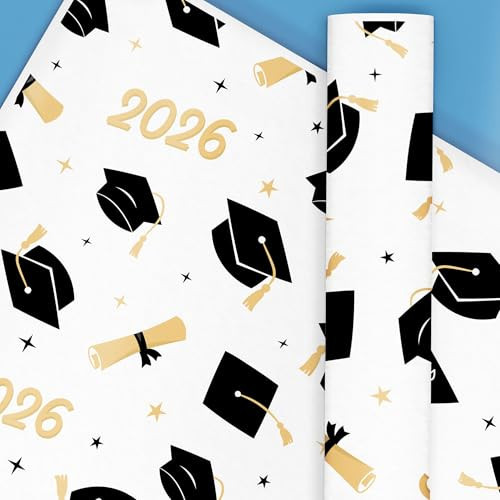 Big Dot of Happiness Black & Gold Graduation Wrapping Paper, Class of 2026 Congrats High School Grad Party Gift Wrap Supplies, 24 in x 7 feet, 1 Roll | Amazon (US)