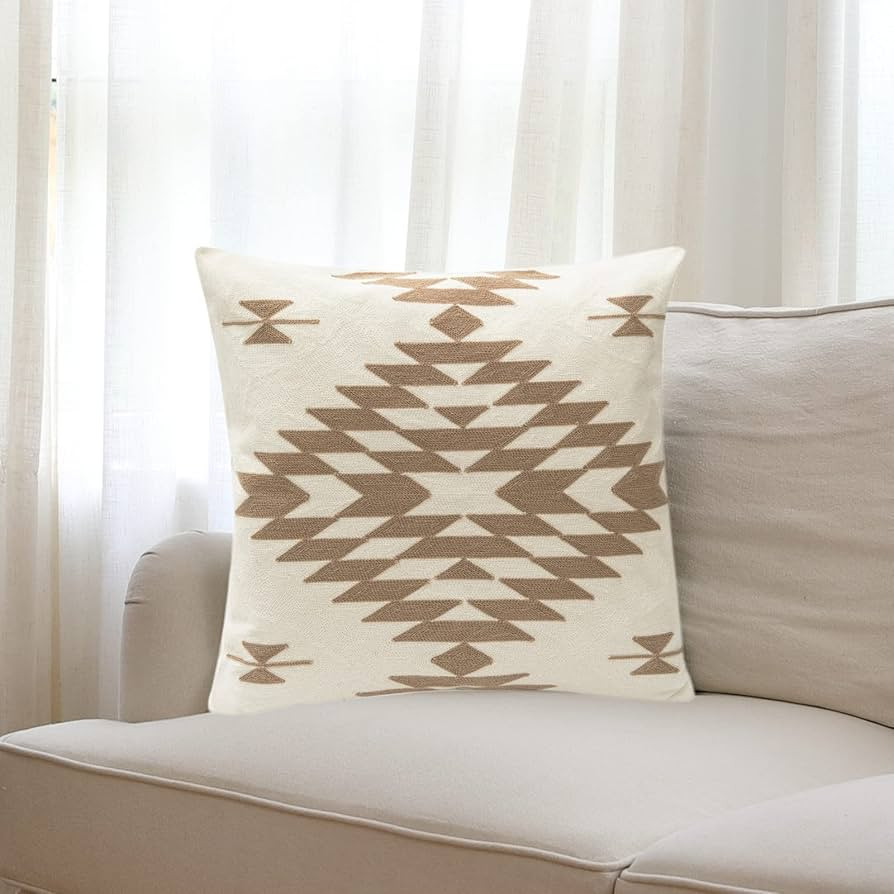 IKATYARN Beige Aztec Pattern Embroidery Throw Pillow Cover,Boho Tribal Geometric Pillowcase, Mode... | Amazon (US)