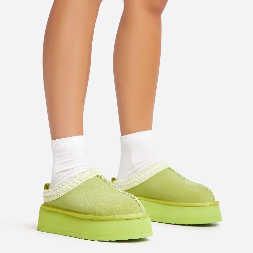 Tazmin Aztec Detail Faux Fur Lining Platform Slipper In Lime Green Faux Suede | EGO Shoes (US & Canada)
