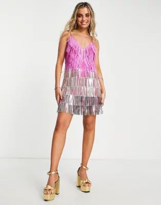 ASOS DESIGN cami mini dress with embellished tassels in pink and silver | ASOS (Global)