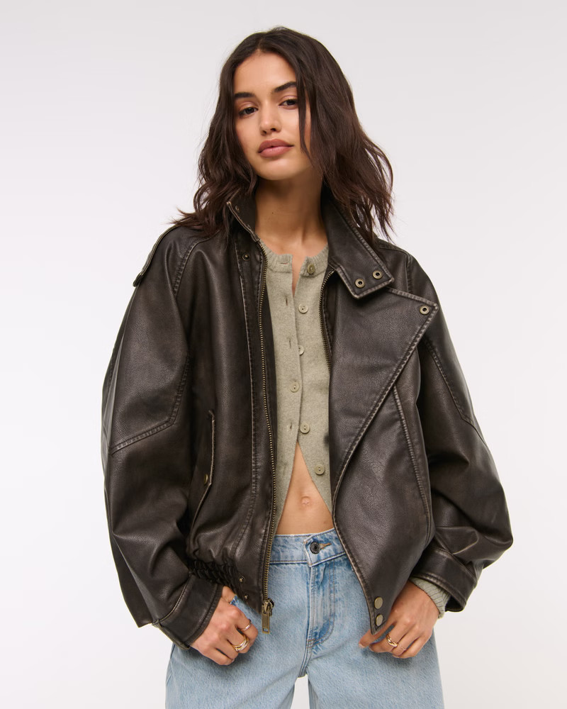 Women's Relaxed Mockneck Vegan Leather Bomber Jacket | Women's Coats & Jackets | Abercrombie.com | Abercrombie & Fitch (US)