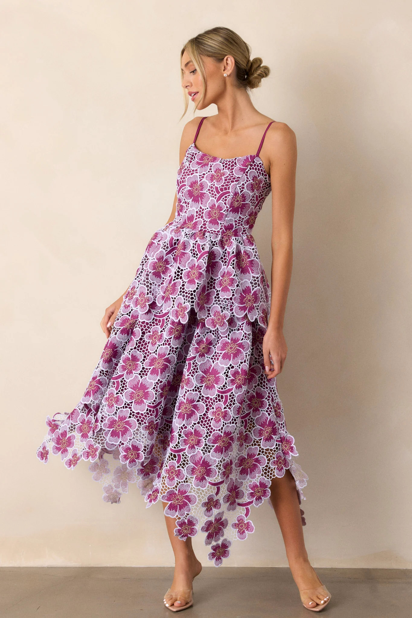 Glimpse Of Grace Light Plum Floral Embroidered Midi Dress | Red Dress