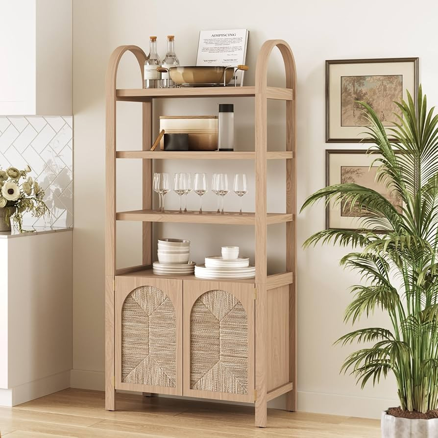 Nathan James Leah Bohemian Arched Bookcase, 3-Tier Bookshelf with Storage Cabinet Base, Seagrass ... | Amazon (US)