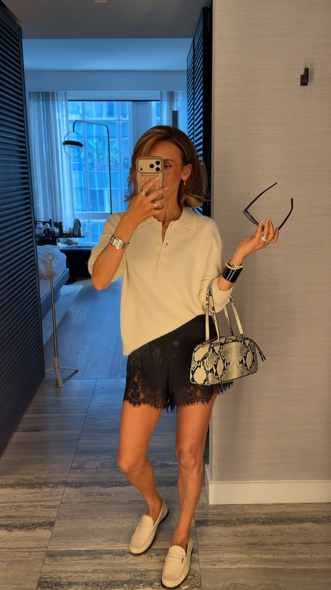 Shopping day in the city! Silk and lace shorts xs, oversized cashmere polo sweater xs - comfiest loafers to walk around in!

#LTKgrwm #LTKootd #LTKNYFW