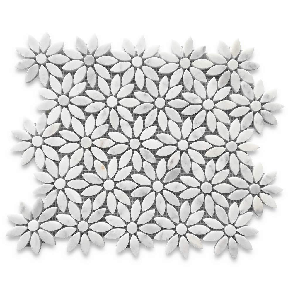 Stone Center Online Carrara White Marble Daisy Flower Pattern Mosaic Tile Polished Kitchen Bath W... | Amazon (US)
