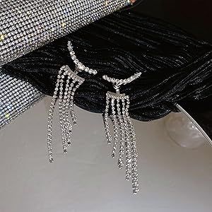 Silver Tassel Prom Earrings Long Sparkly Rhinestone Tassel Dangle Drop Earrings for Women Wedding... | Amazon (US)