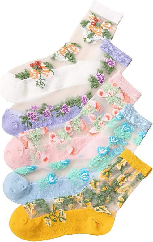 GORGLITTER Women's 4 Pairs Sheer Mesh Flower Patterned Thin Casual Crew Socks Transparent Cute Su... | Amazon (US)